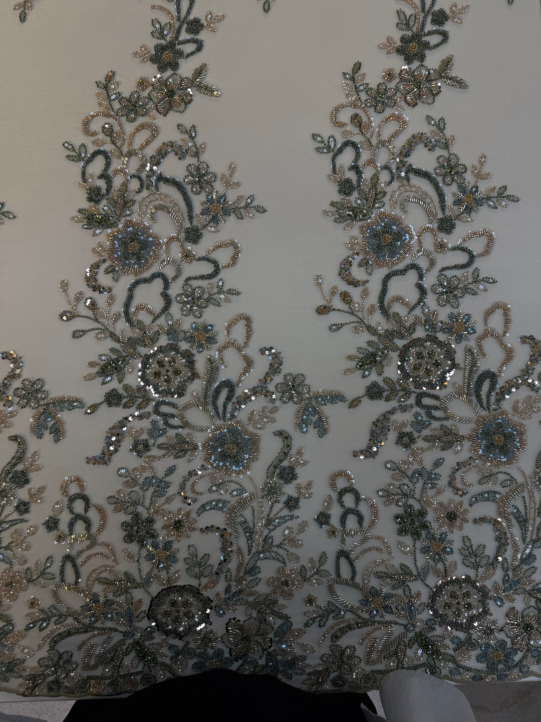 Luxury Beaded Tulle Fabric with Metallic Floral Embroidery & Sequins – Haute Couture Evening & Bridal Wear