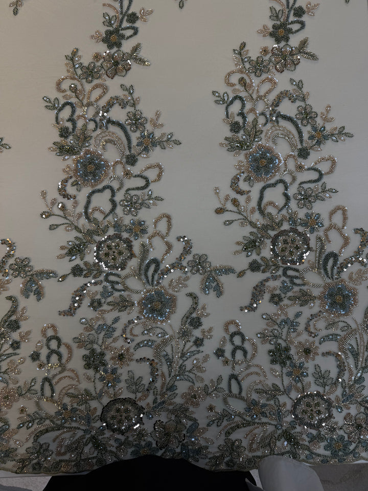 Luxury Beaded Tulle Fabric with Metallic Floral Embroidery & Sequins – Haute Couture Evening & Bridal Wear