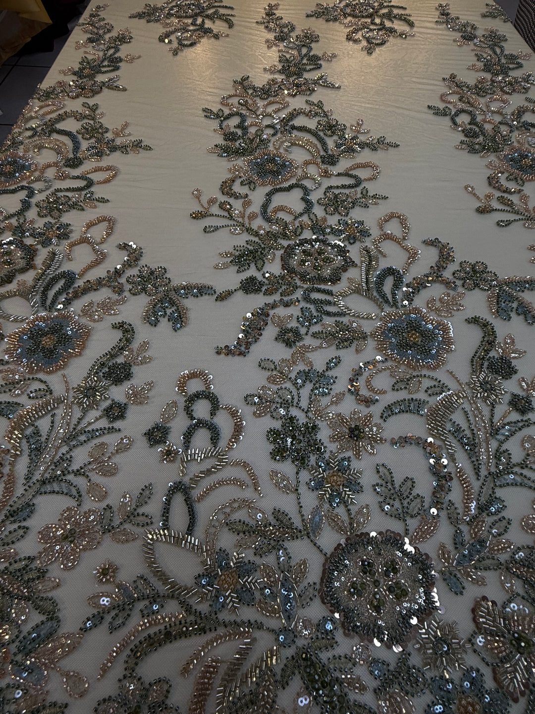 Luxury Beaded Tulle Fabric with Metallic Floral Embroidery & Sequins – Haute Couture Evening & Bridal Wear