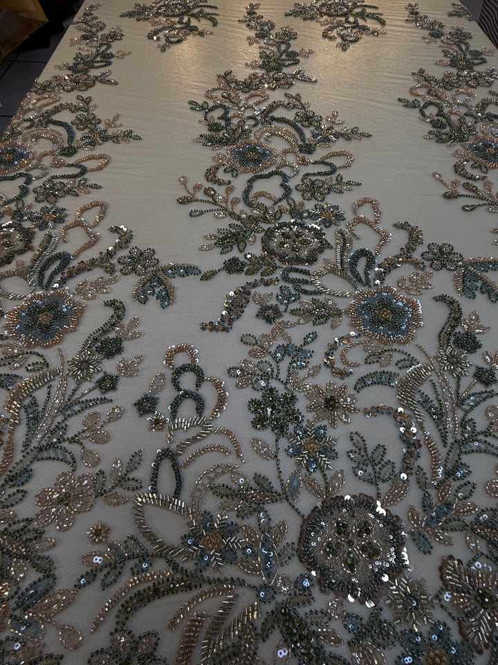Luxury Beaded Tulle Fabric with Metallic Floral Embroidery & Sequins – Haute Couture Evening & Bridal Wear