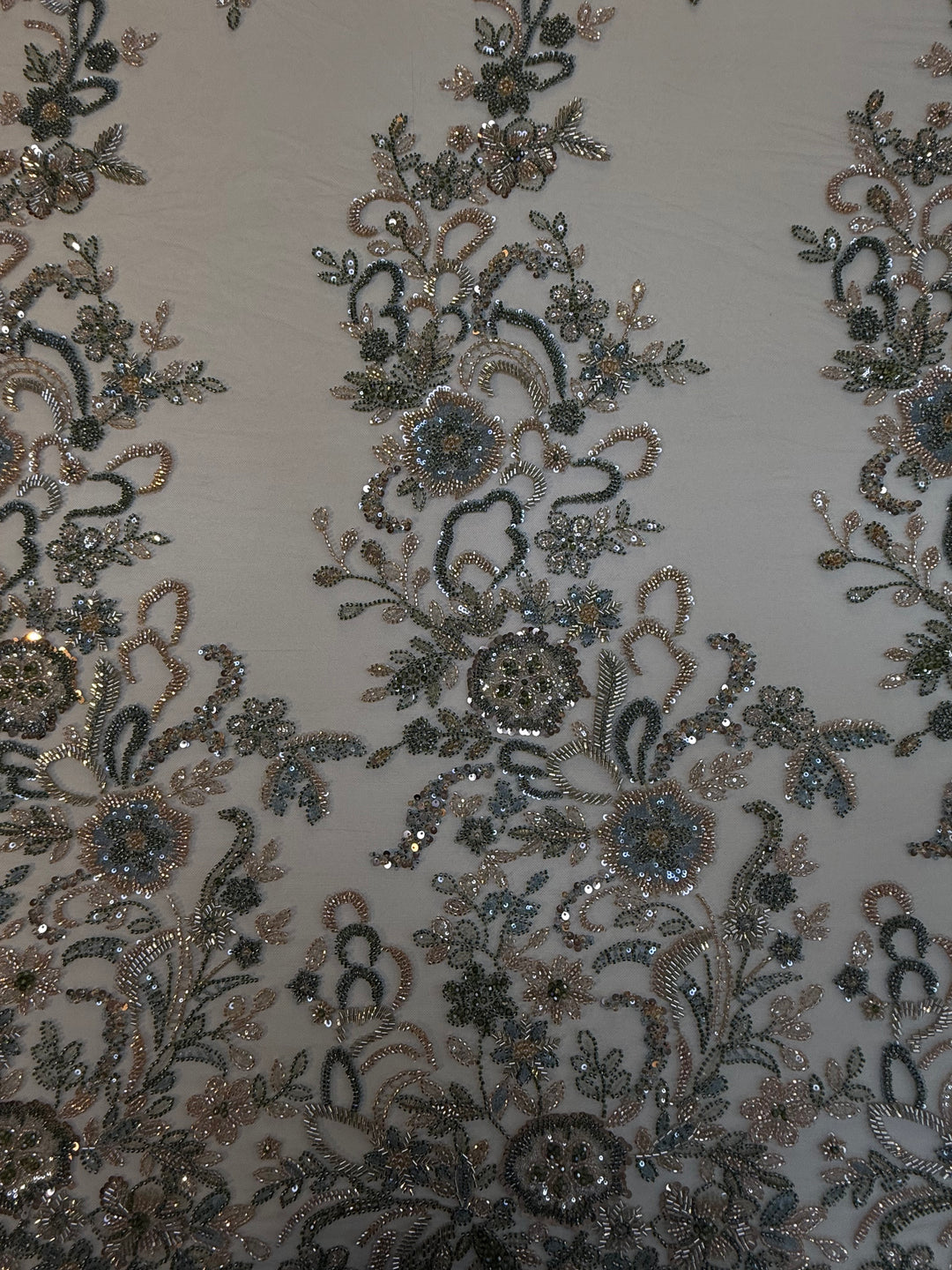 Luxury Beaded Tulle Fabric with Metallic Floral Embroidery & Sequins – Haute Couture Evening & Bridal Wear