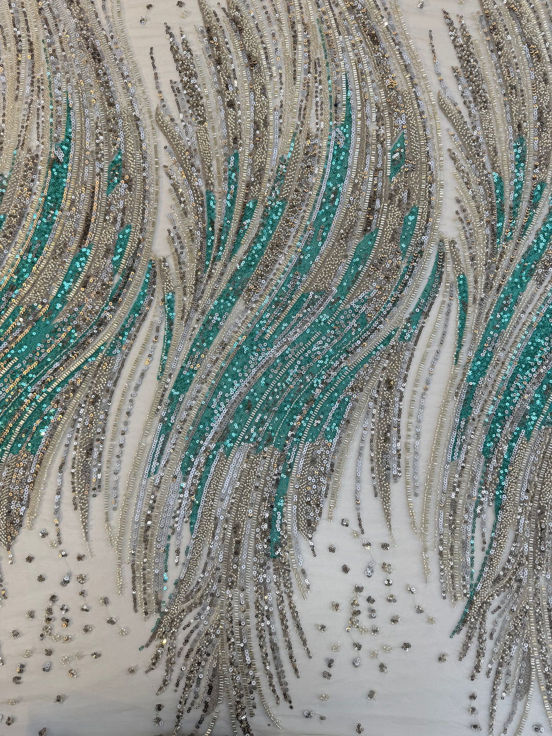Emerald & Silver Sequin Beaded Tulle Fabric – Luxury Wave Pattern for Haute Couture & Evening Wear
