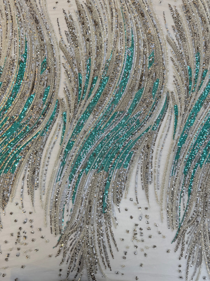 Emerald & Silver Sequin Beaded Tulle Fabric – Luxury Wave Pattern for Haute Couture & Evening Wear