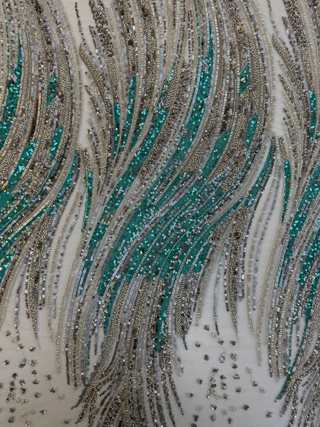 Emerald & Silver Sequin Beaded Tulle Fabric – Luxury Wave Pattern for Haute Couture & Evening Wear