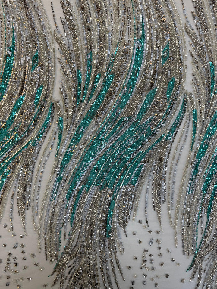Emerald & Silver Sequin Beaded Tulle Fabric – Luxury Wave Pattern for Haute Couture & Evening Wear