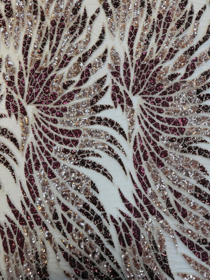 Burgundy & Rose Gold Sequin Beaded Tulle Fabric – Luxury Couture Material for Evening & Bridal Gowns