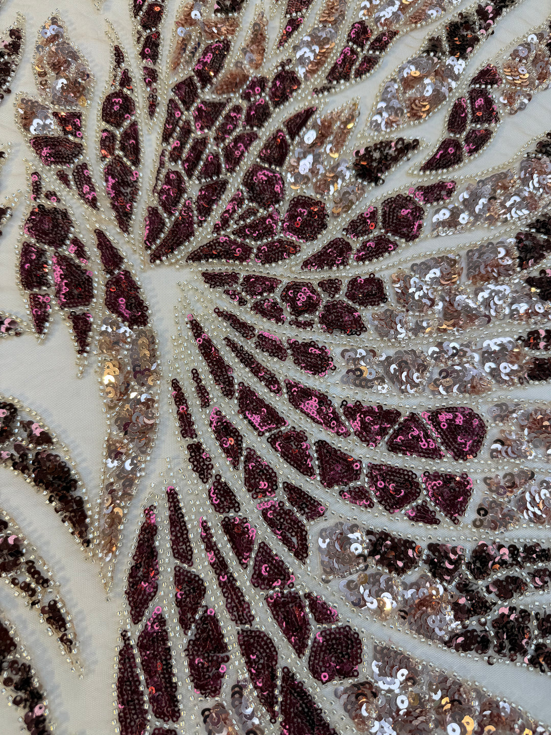 Burgundy & Rose Gold Sequin Beaded Tulle Fabric – Luxury Couture Material for Evening & Bridal Gowns