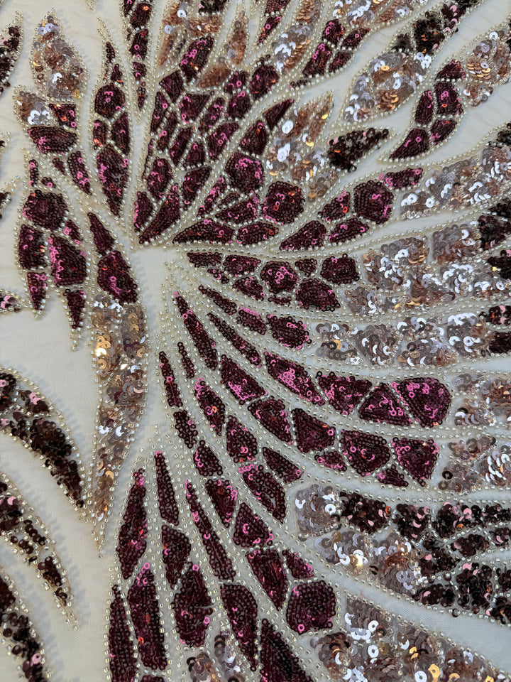 Burgundy & Rose Gold Sequin Beaded Tulle Fabric – Luxury Couture Material for Evening & Bridal Gowns