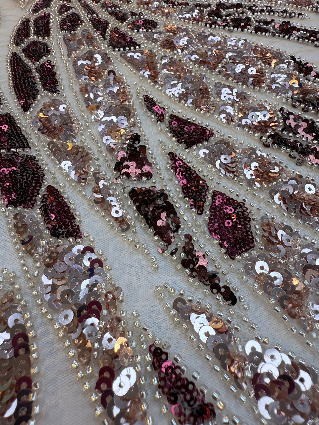 Burgundy & Rose Gold Sequin Beaded Tulle Fabric – Luxury Couture Material for Evening & Bridal Gowns