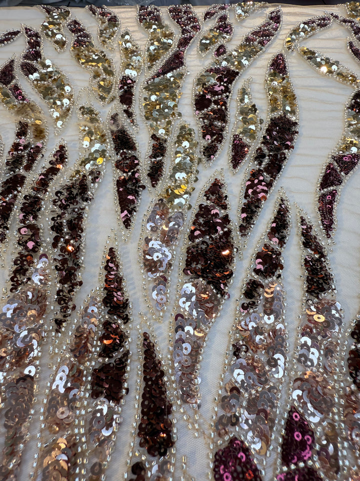 Burgundy & Rose Gold Sequin Beaded Tulle Fabric – Luxury Couture Material for Evening & Bridal Gowns