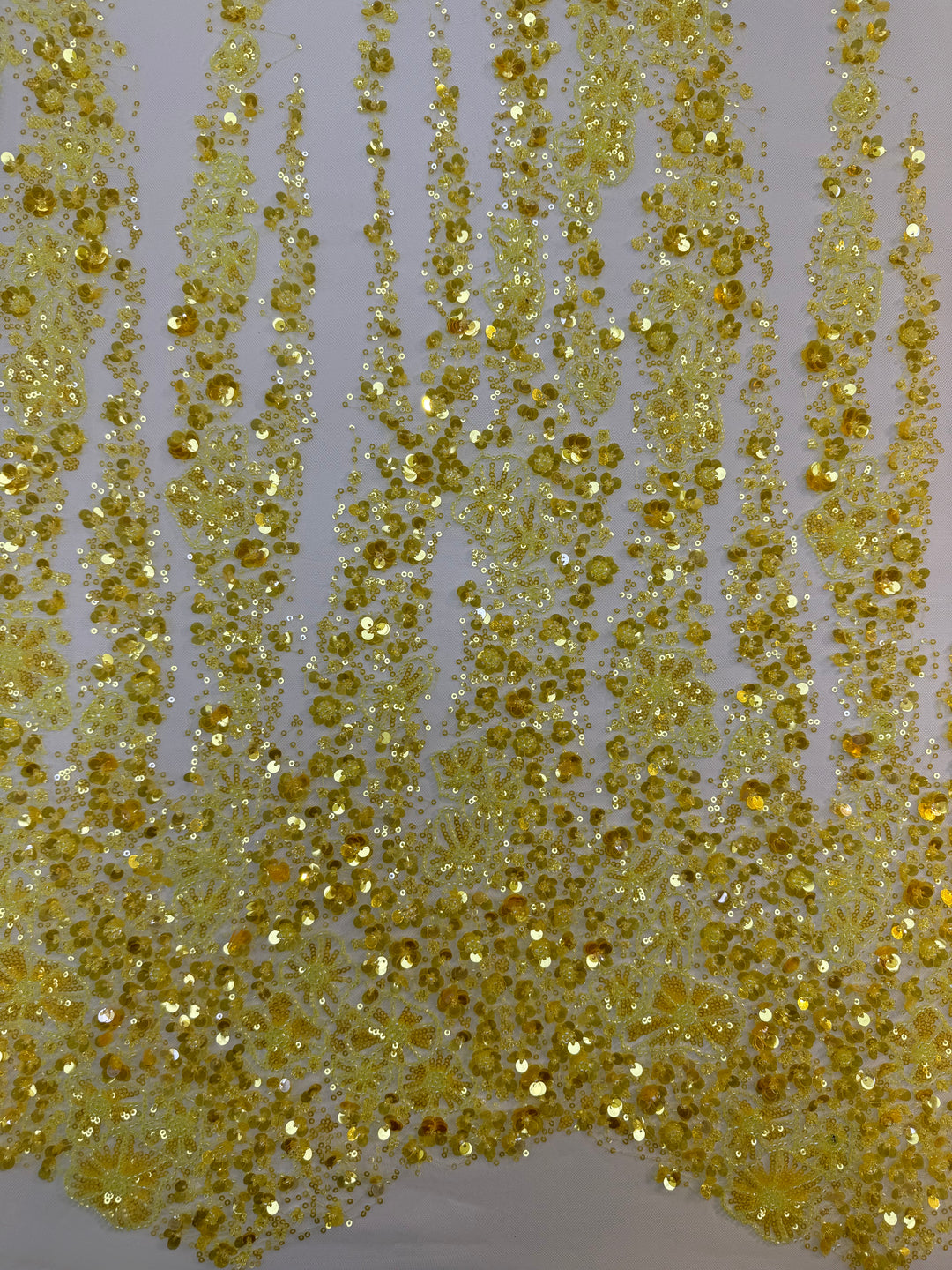 Golden Yellow Floral Sequin Beaded Tulle Fabric – Luxury Couture Material for Bridal & Evening Dresses (1 Piece = 2.5 Meter)