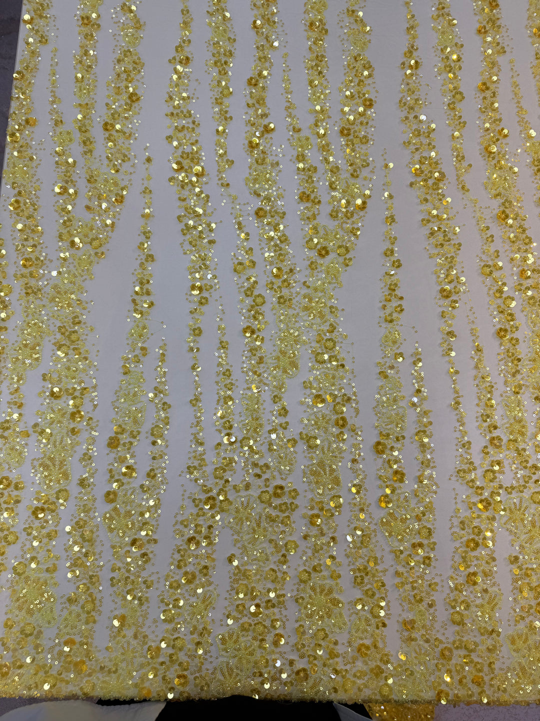 Golden Yellow Floral Sequin Beaded Tulle Fabric – Luxury Couture Material for Bridal & Evening Dresses (1 Piece = 2.5 Meter)