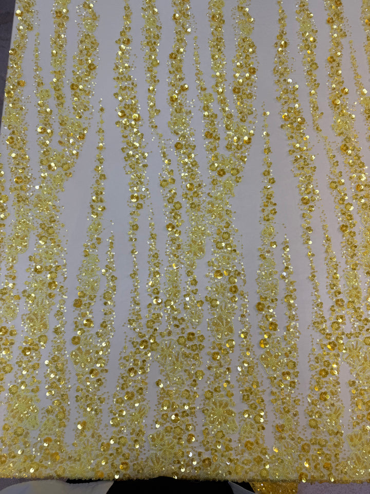 Golden Yellow Floral Sequin Beaded Tulle Fabric – Luxury Couture Material for Bridal & Evening Dresses (1 Piece = 2.5 Meter)