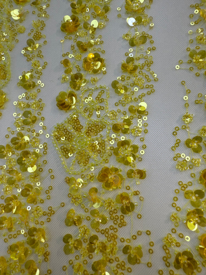 Golden Yellow Floral Sequin Beaded Tulle Fabric – Luxury Couture Material for Bridal & Evening Dresses (1 Piece = 2.5 Meter)