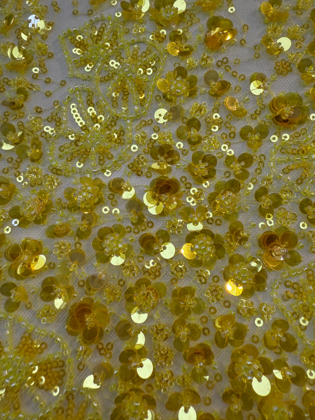 Golden Yellow Floral Sequin Beaded Tulle Fabric – Luxury Couture Material for Bridal & Evening Dresses (1 Piece = 2.5 Meter)
