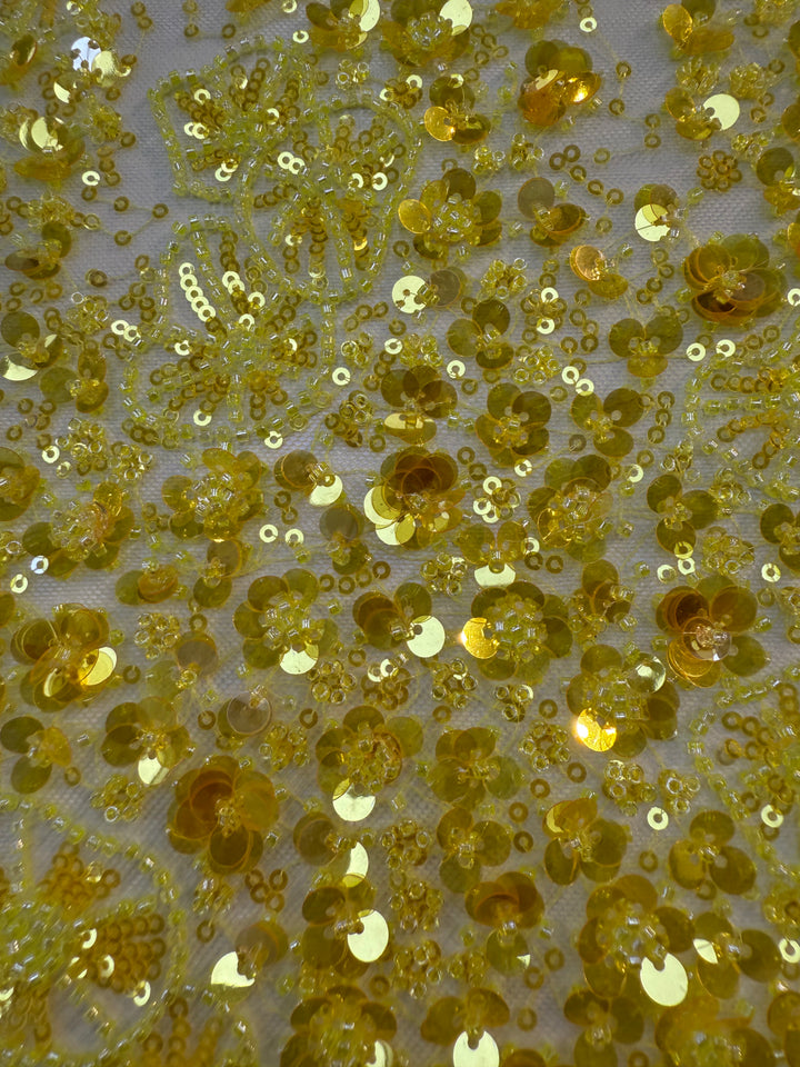 Golden Yellow Floral Sequin Beaded Tulle Fabric – Luxury Couture Material for Bridal & Evening Dresses (1 Piece = 2.5 Meter)