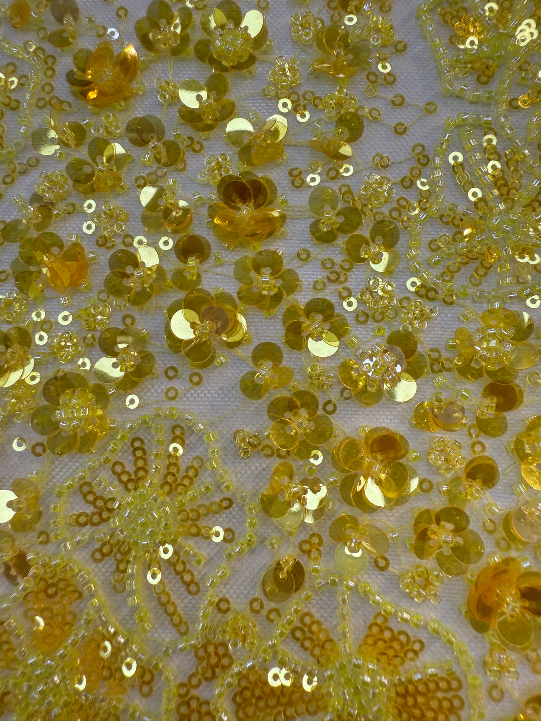 Golden Yellow Floral Sequin Beaded Tulle Fabric – Luxury Couture Material for Bridal & Evening Dresses (1 Piece = 2.5 Meter)
