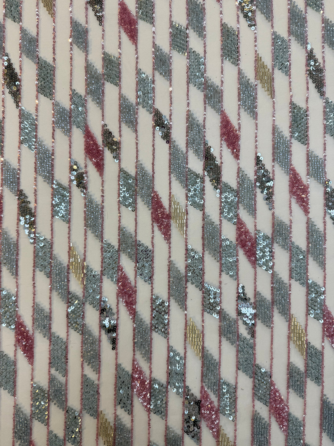 Geometric Diamond Sequin Beaded Tulle Fabric – Silver, Rose Gold & Champagne Couture Material (1 Piece = 5 Meter)