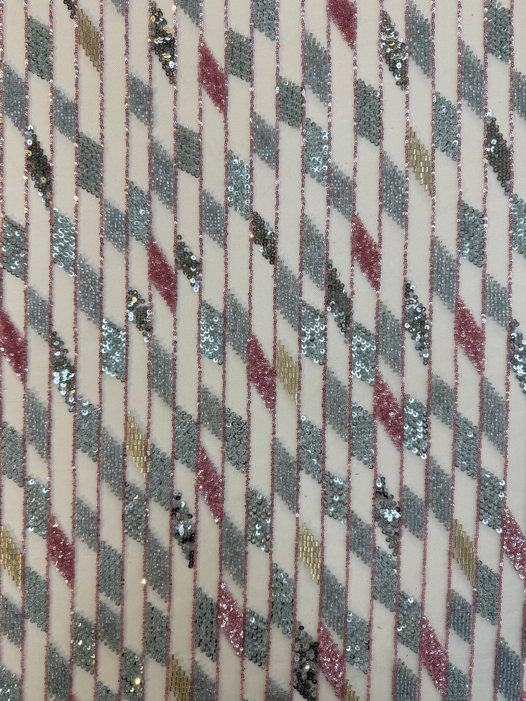 Geometric Diamond Sequin Beaded Tulle Fabric – Silver, Rose Gold & Champagne Couture Material (1 Piece = 5 Meter)