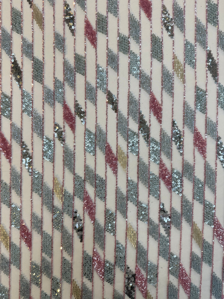Geometric Diamond Sequin Beaded Tulle Fabric – Silver, Rose Gold & Champagne Couture Material (1 Piece = 5 Meter)