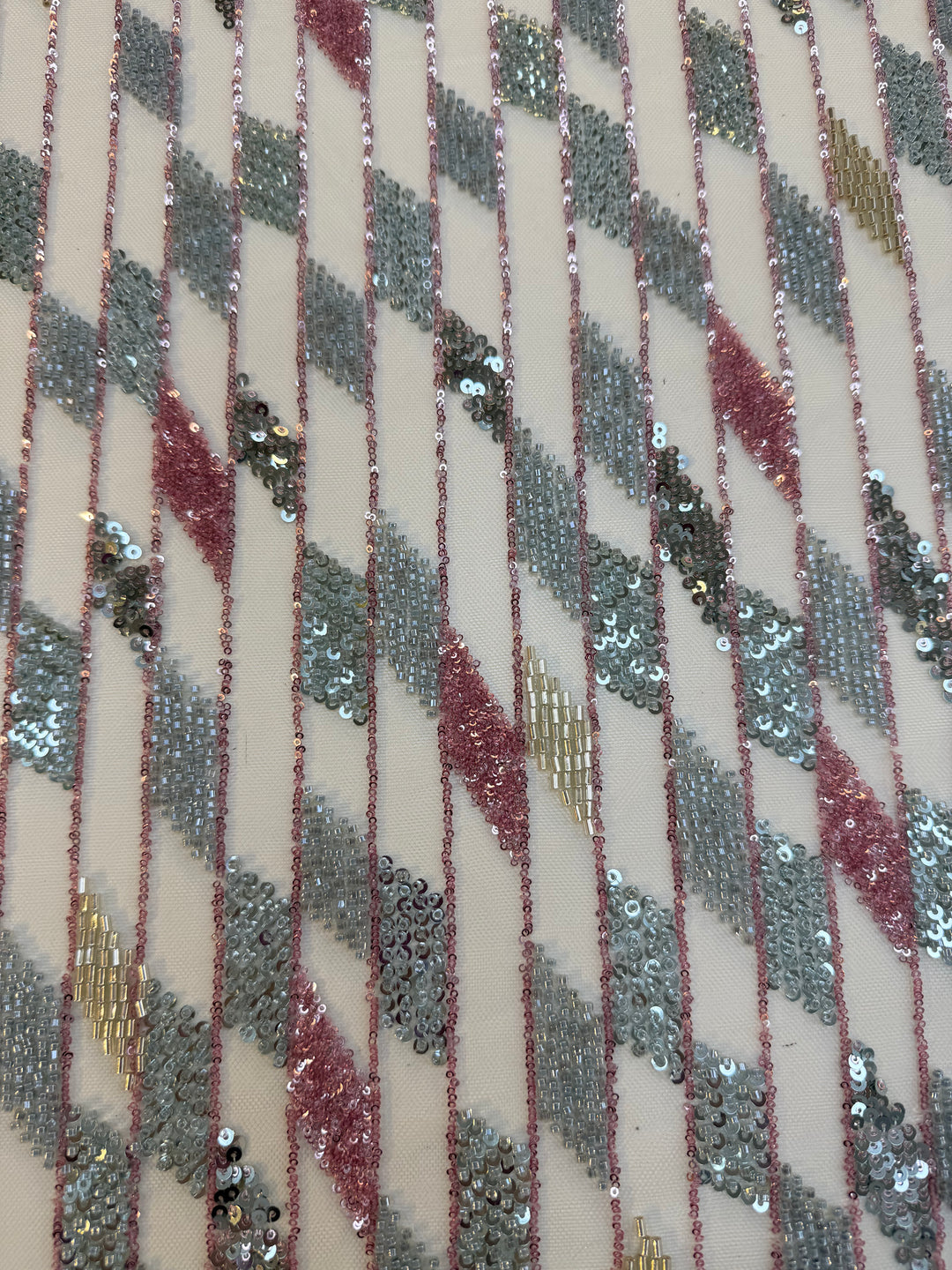 Geometric Diamond Sequin Beaded Tulle Fabric – Silver, Rose Gold & Champagne Couture Material (1 Piece = 5 Meter)