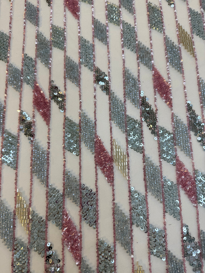 Geometric Diamond Sequin Beaded Tulle Fabric – Silver, Rose Gold & Champagne Couture Material (1 Piece = 5 Meter)