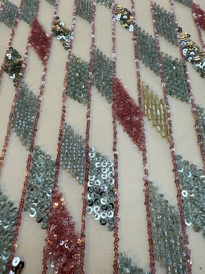 Geometric Diamond Sequin Beaded Tulle Fabric – Silver, Rose Gold & Champagne Couture Material (1 Piece = 5 Meter)
