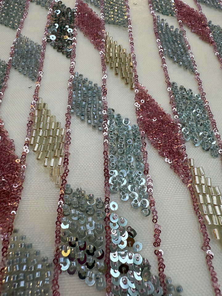 Geometric Diamond Sequin Beaded Tulle Fabric – Silver, Rose Gold & Champagne Couture Material (1 Piece = 5 Meter)