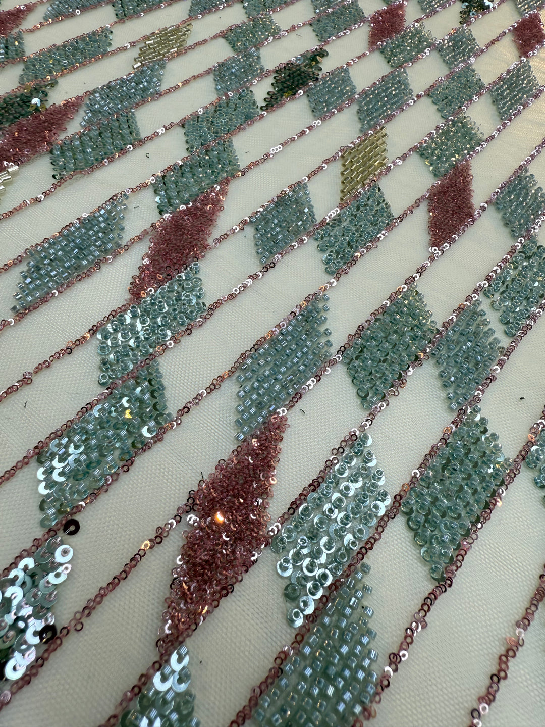 Geometric Diamond Sequin Beaded Tulle Fabric – Silver, Rose Gold & Champagne Couture Material (1 Piece = 5 Meter)
