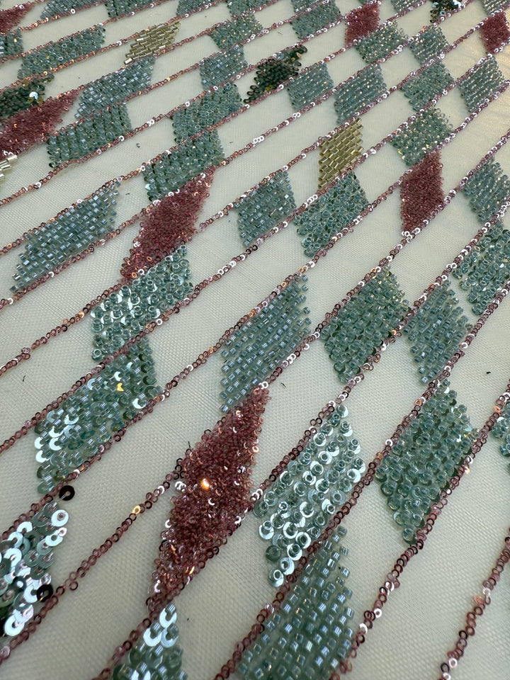 Geometric Diamond Sequin Beaded Tulle Fabric – Silver, Rose Gold & Champagne Couture Material (1 Piece = 5 Meter)