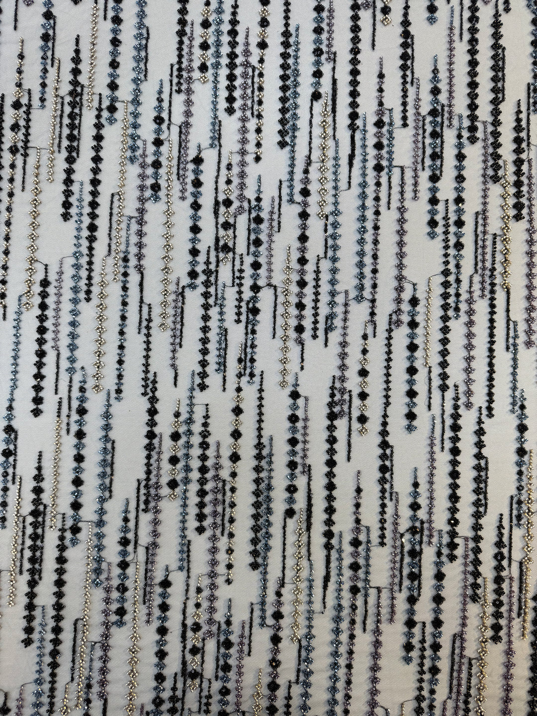 Black, Purple & Metallic Beaded Stripe Tulle Fabric – Luxury Couture Material for Evening & Designer Wear (1 Piece = 3 Meter)
