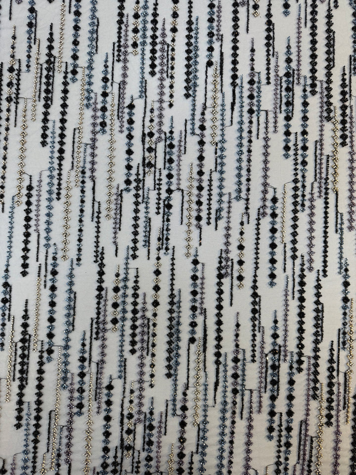 Black, Purple & Metallic Beaded Stripe Tulle Fabric – Luxury Couture Material for Evening & Designer Wear (1 Piece = 3 Meter)