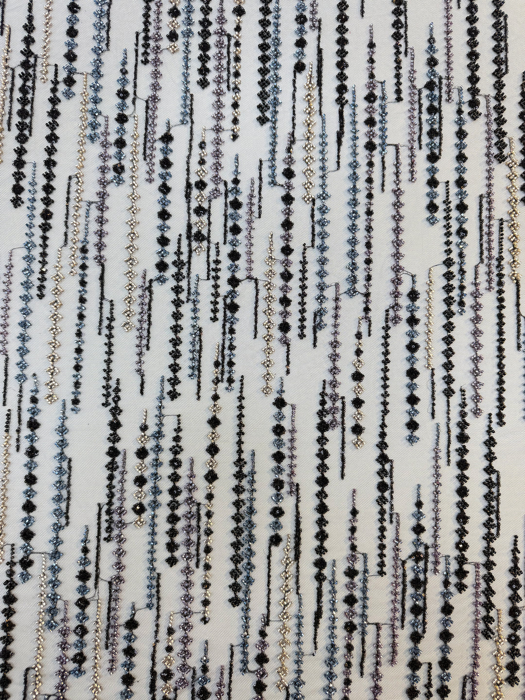 Black, Purple & Metallic Beaded Stripe Tulle Fabric – Luxury Couture Material for Evening & Designer Wear (1 Piece = 3 Meter)