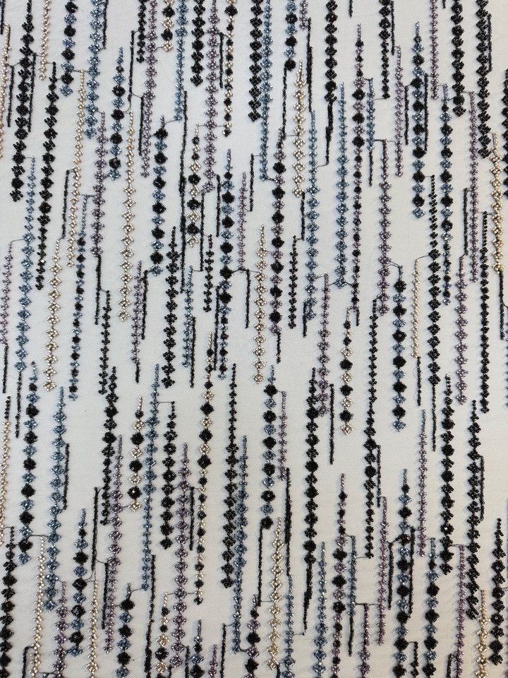 Black, Purple & Metallic Beaded Stripe Tulle Fabric – Luxury Couture Material for Evening & Designer Wear (1 Piece = 3 Meter)
