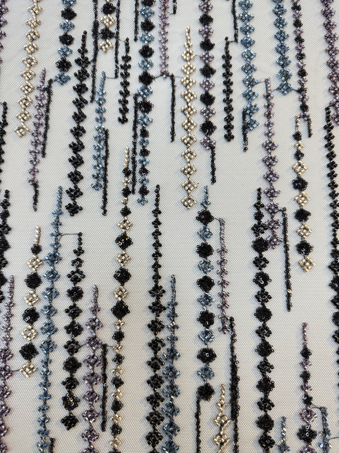 Black, Purple & Metallic Beaded Stripe Tulle Fabric – Luxury Couture Material for Evening & Designer Wear (1 Piece = 3 Meter)