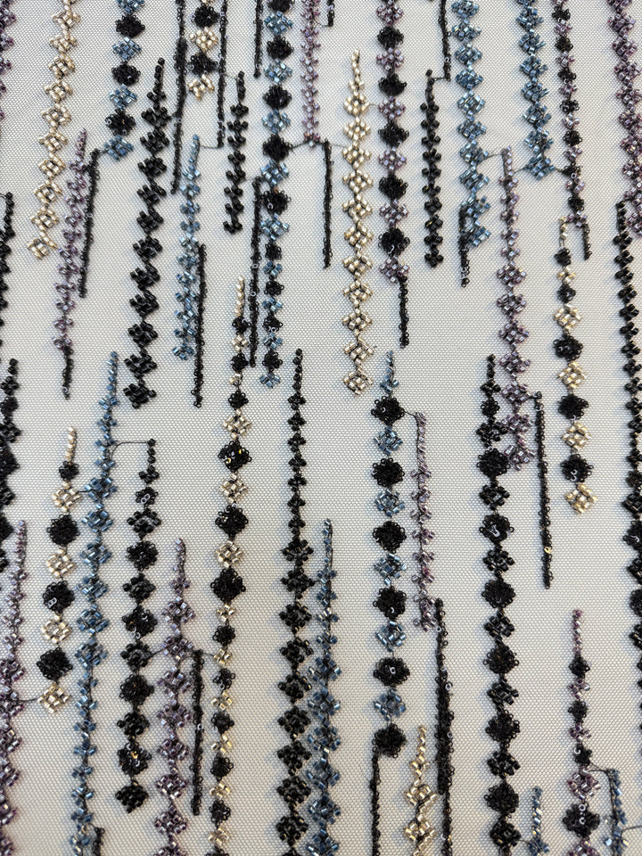 Black, Purple & Metallic Beaded Stripe Tulle Fabric – Luxury Couture Material for Evening & Designer Wear (1 Piece = 3 Meter)