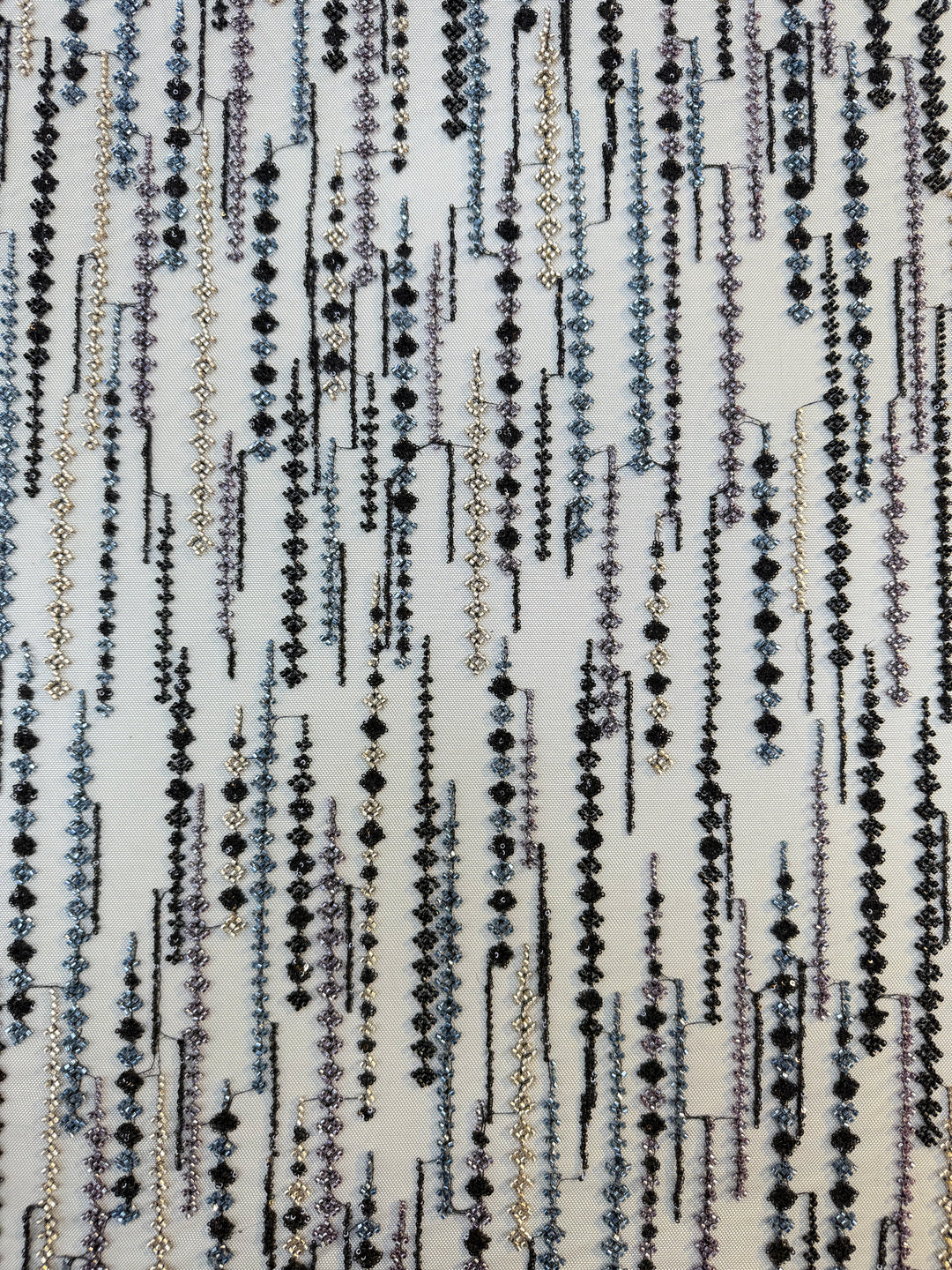 Black, Purple & Metallic Beaded Stripe Tulle Fabric – Luxury Couture Material for Evening & Designer Wear (1 Piece = 3 Meter)