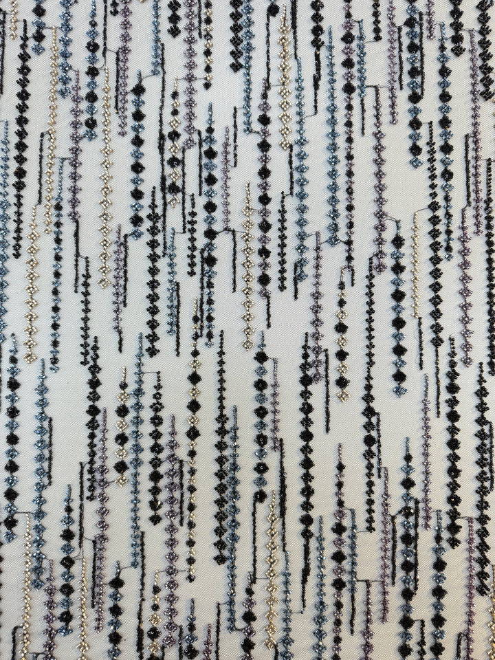 Black, Purple & Metallic Beaded Stripe Tulle Fabric – Luxury Couture Material for Evening & Designer Wear (1 Piece = 3 Meter)