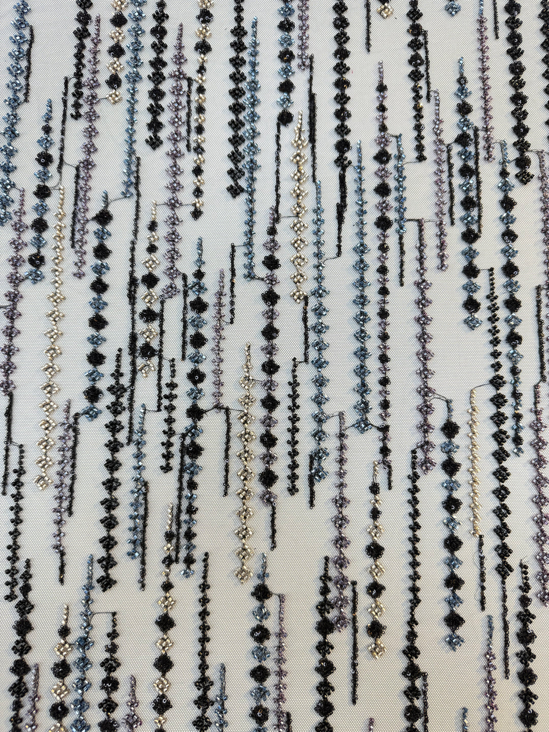Black, Purple & Metallic Beaded Stripe Tulle Fabric – Luxury Couture Material for Evening & Designer Wear (1 Piece = 3 Meter)