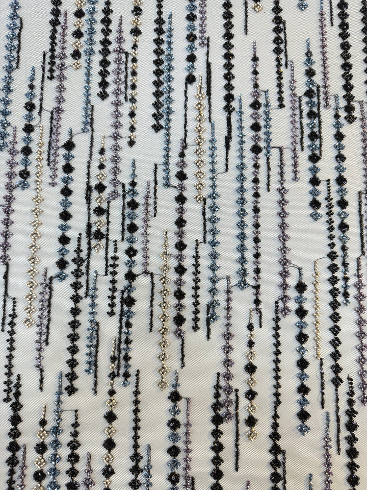 Black, Purple & Metallic Beaded Stripe Tulle Fabric – Luxury Couture Material for Evening & Designer Wear (1 Piece = 3 Meter)