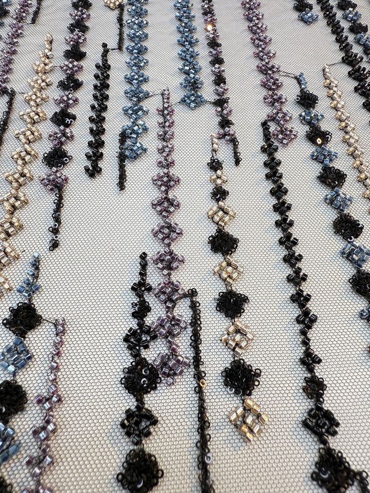 Black, Purple & Metallic Beaded Stripe Tulle Fabric – Luxury Couture Material for Evening & Designer Wear (1 Piece = 3 Meter)