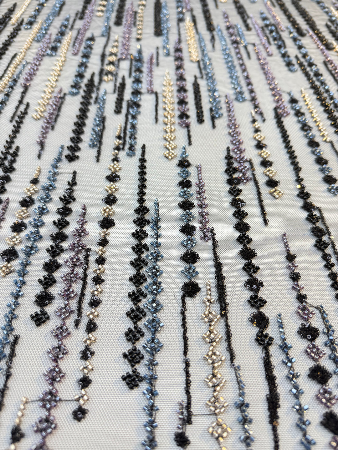 Black, Purple & Metallic Beaded Stripe Tulle Fabric – Luxury Couture Material for Evening & Designer Wear (1 Piece = 3 Meter)