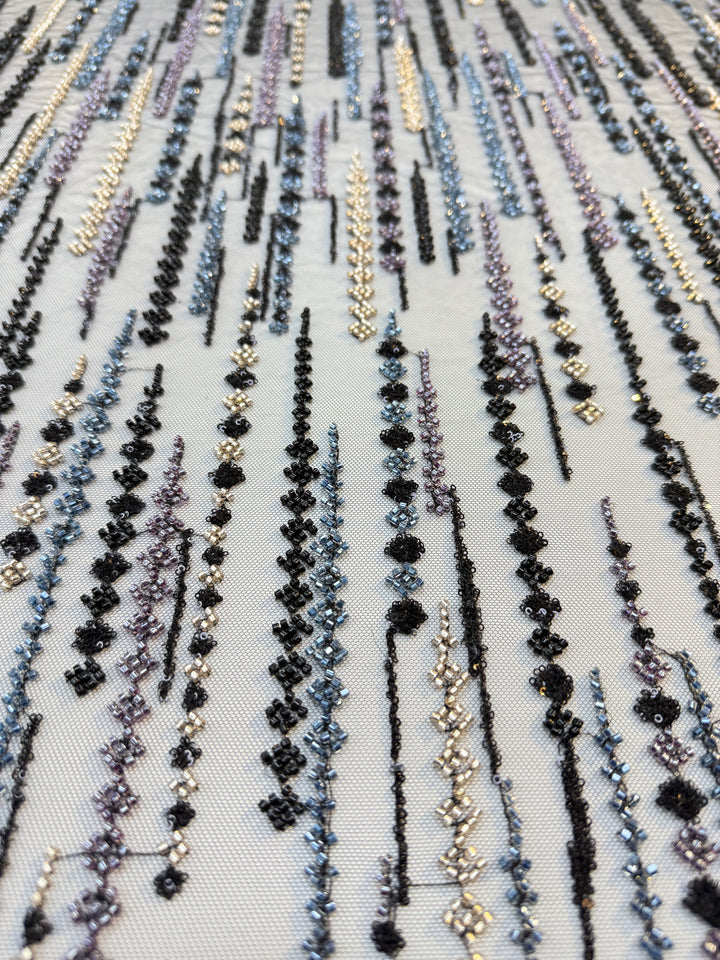 Black, Purple & Metallic Beaded Stripe Tulle Fabric – Luxury Couture Material for Evening & Designer Wear (1 Piece = 3 Meter)