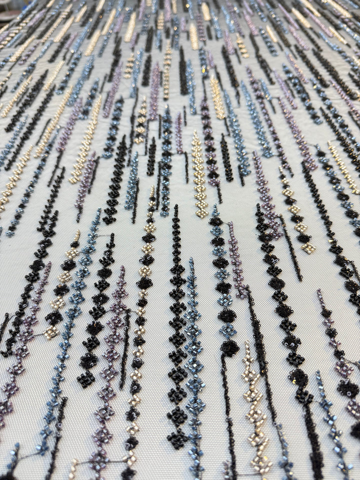 Black, Purple & Metallic Beaded Stripe Tulle Fabric – Luxury Couture Material for Evening & Designer Wear (1 Piece = 3 Meter)