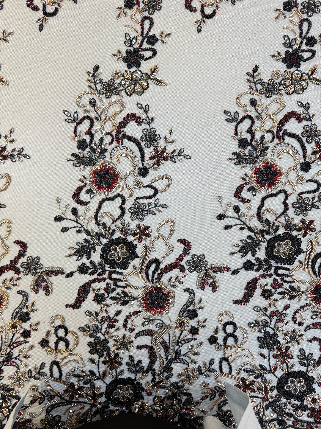 Black, Red & Gold Beaded Floral Embroidery on Tulle – Luxury Couture Fabric (1 Piece = 4 Meter)