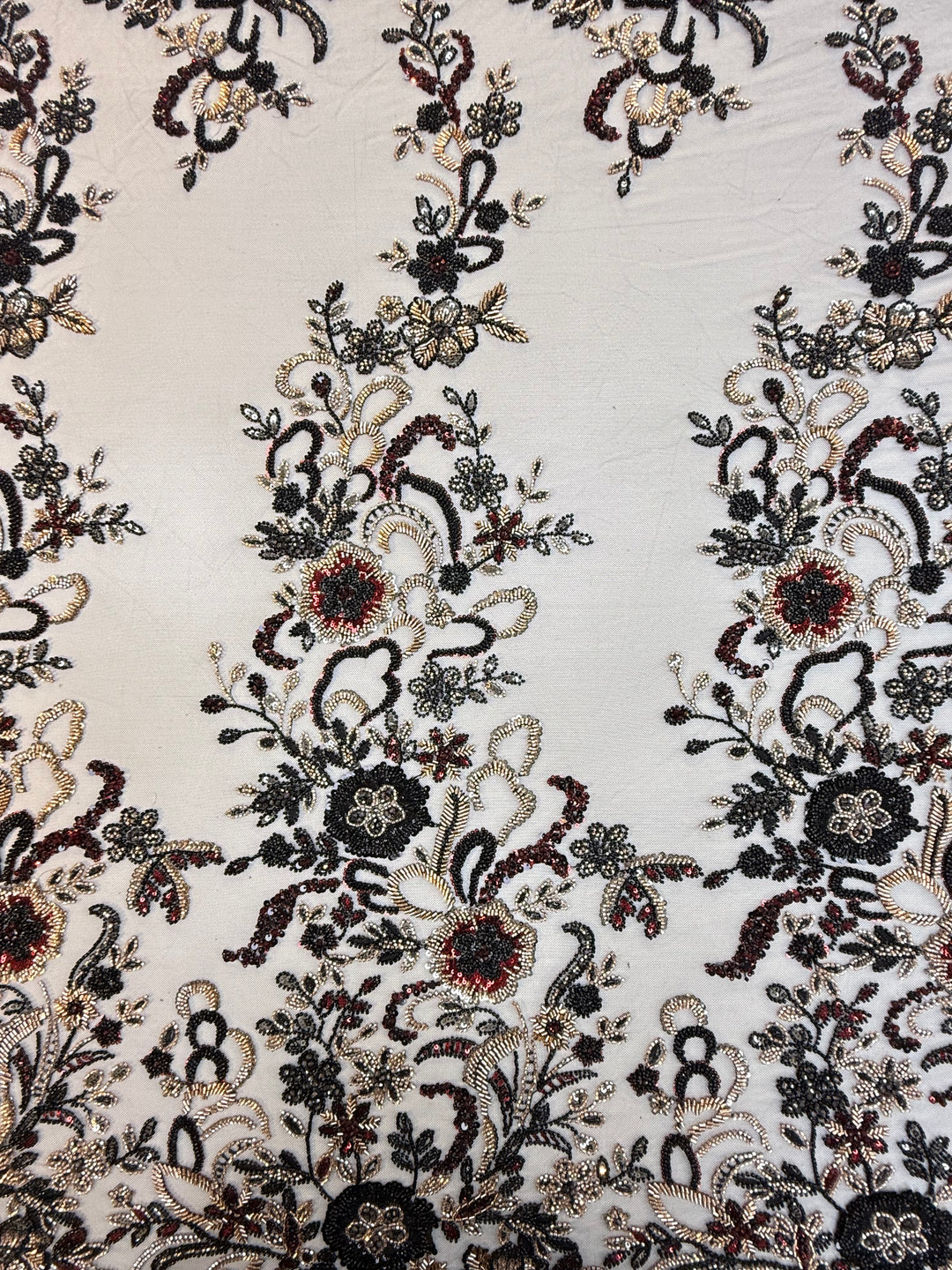 Black, Red & Gold Beaded Floral Embroidery on Tulle – Luxury Couture Fabric (1 Piece = 4 Meter)