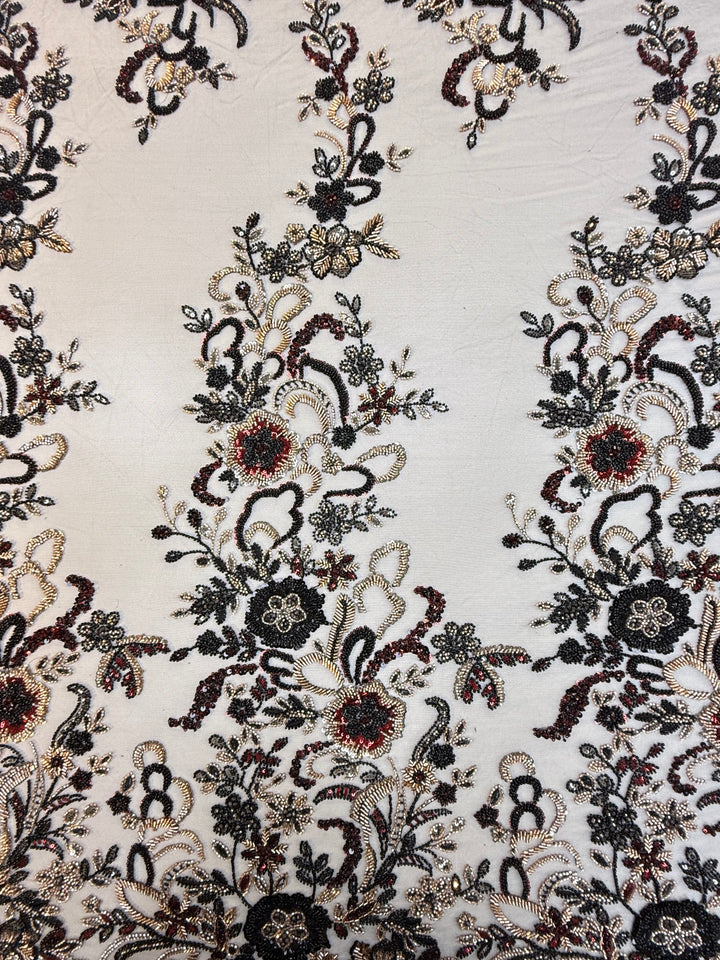 Black, Red & Gold Beaded Floral Embroidery on Tulle – Luxury Couture Fabric (1 Piece = 4 Meter)