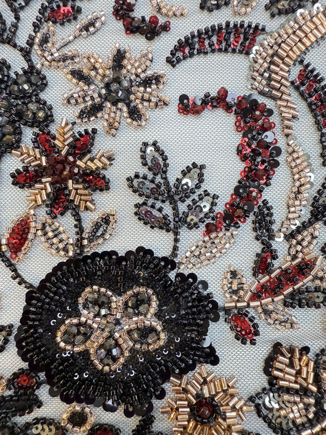 Black, Red & Gold Beaded Floral Embroidery on Tulle – Luxury Couture Fabric (1 Piece = 4 Meter)