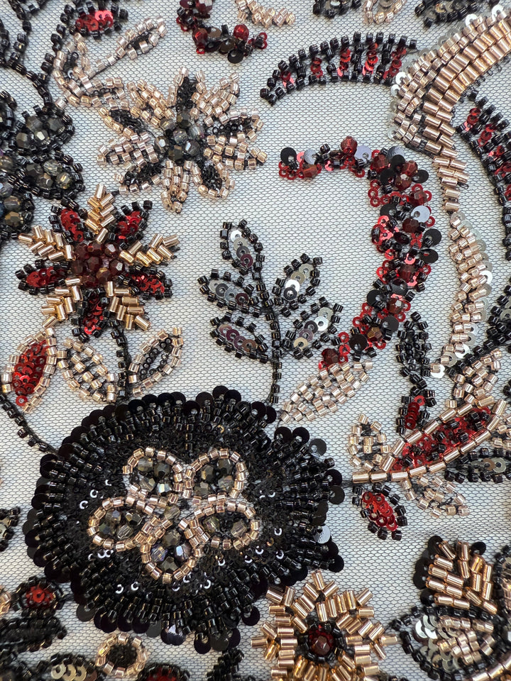 Black, Red & Gold Beaded Floral Embroidery on Tulle – Luxury Couture Fabric (1 Piece = 4 Meter)