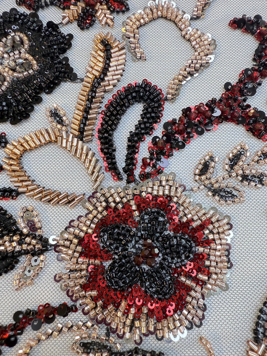 Black, Red & Gold Beaded Floral Embroidery on Tulle – Luxury Couture Fabric (1 Piece = 4 Meter)